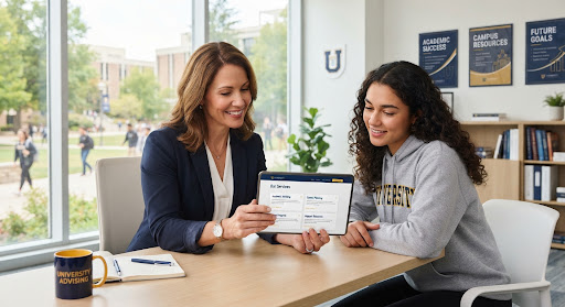 A Subhchintak counsellor reviewing university options with a student